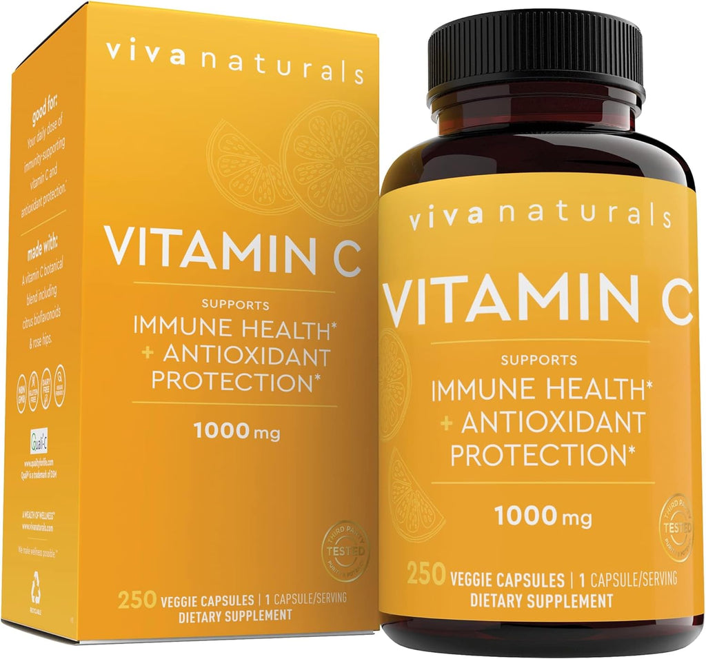 Viva Naturals Vitamin C 1000 mg with Citrus Bioflavonoids & Rose Hips – 250 Vegetarian Capsules
