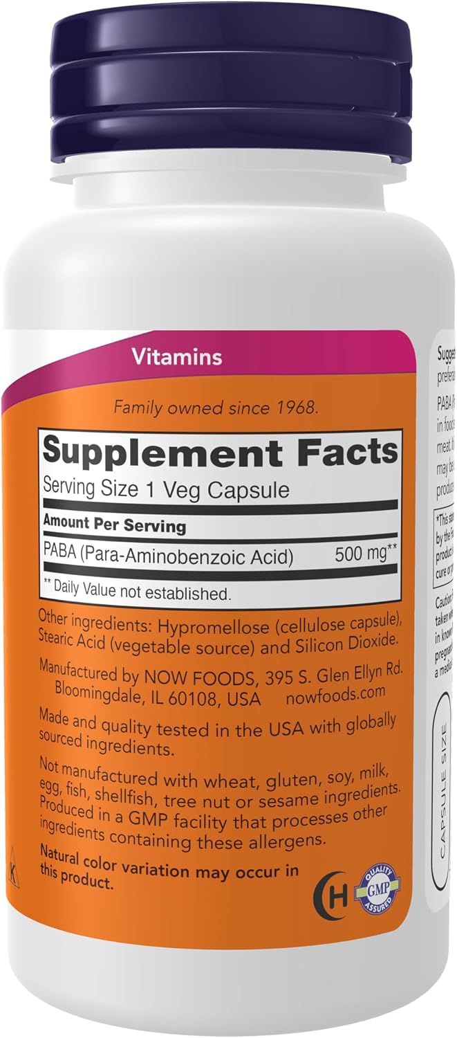 NOW Foods PABA (Ácido Paraaminobenzoico) 500 mg, 100 Cápsulas