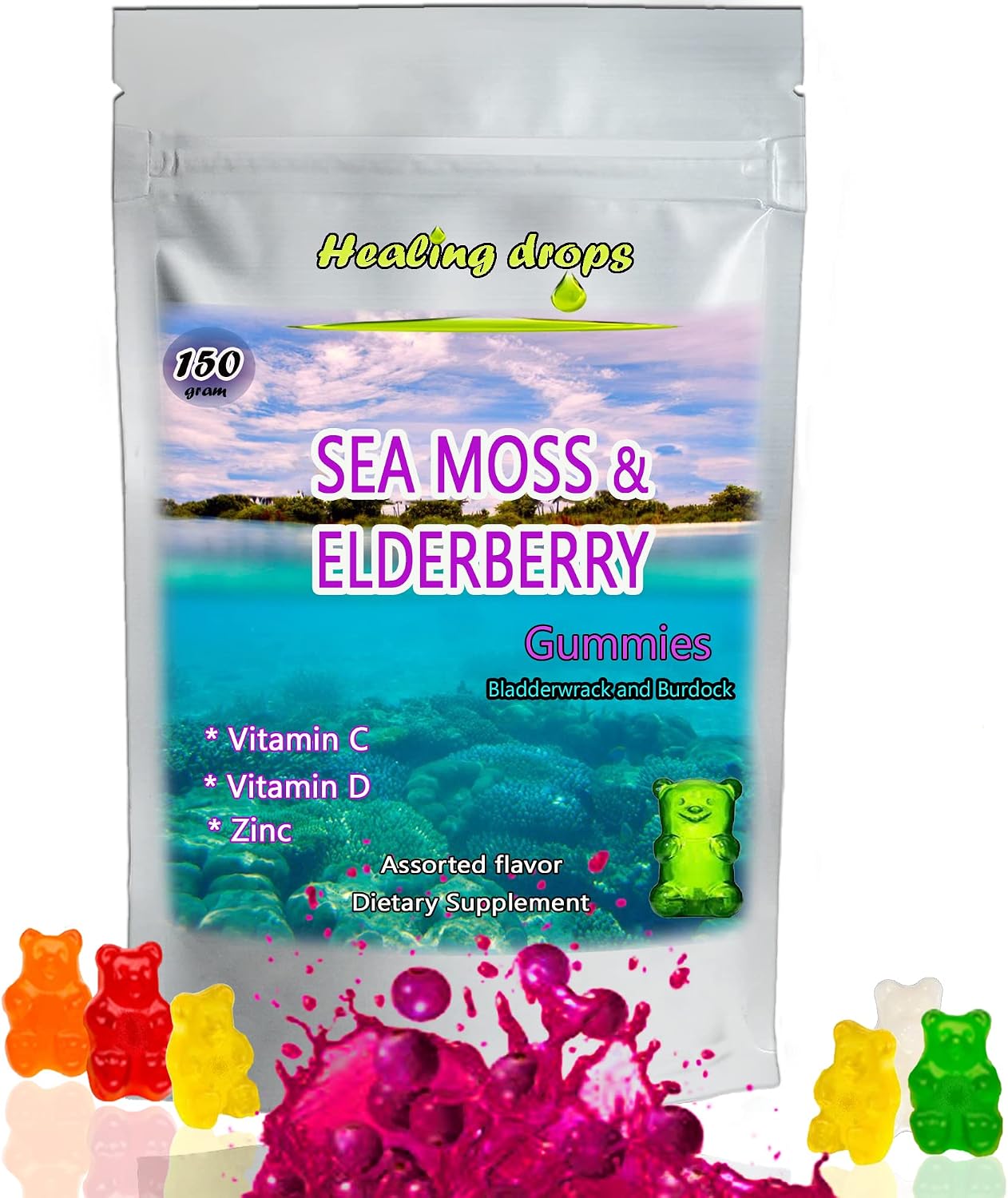 HEALING DROPS Gominolas de Musgo de Mar Irlandés - Ecológico, Vegano, Sin Gluten - Sabor Saúco
