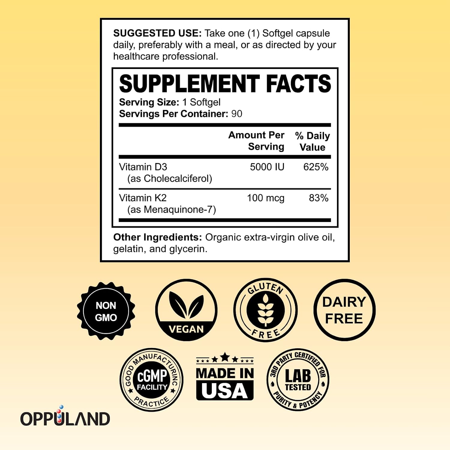 oppuland Vitamina D3 + K2 5000 UI - Tecnología Liposomal para Mayor Absorción - MK-7 Vitamina K2 100mcg - Ayuda al Metabolismo Óseo y del Calcio - 90 Cápsulas Blandas