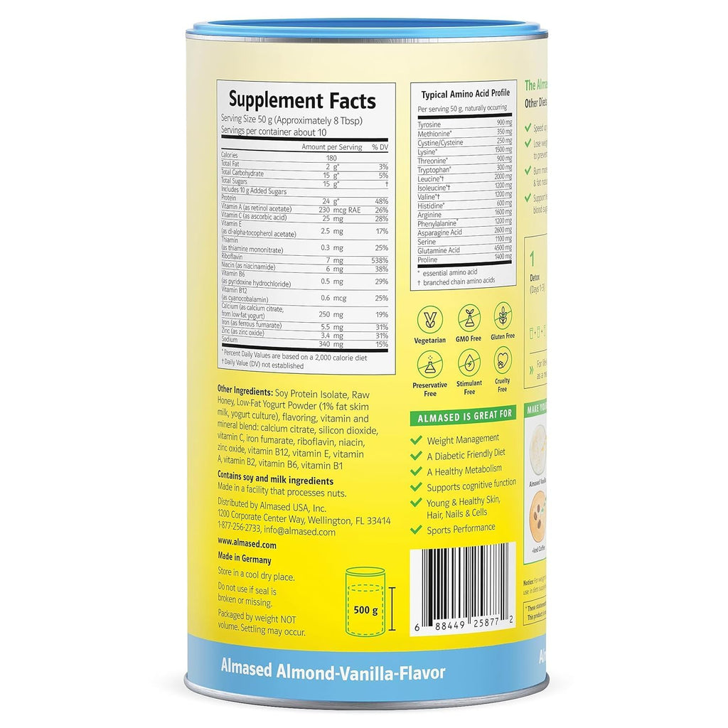 Almased Proteína en Polvo Vainilla - Bebida Sustitutiva de Comida Sin Gluten - Bajo Índice Glucémico - 17.6 oz (Paquete de 3)