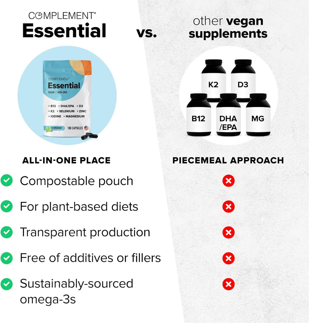 Complement Essential Multivitamínico Vegano para Mujeres y Hombres - Con Omega-3 DHA y EPA, B12, Vitamina D3 y K2, Zinc, Selenio, Magnesio, Yodo (60 Dosis, 180 Cápsulas)