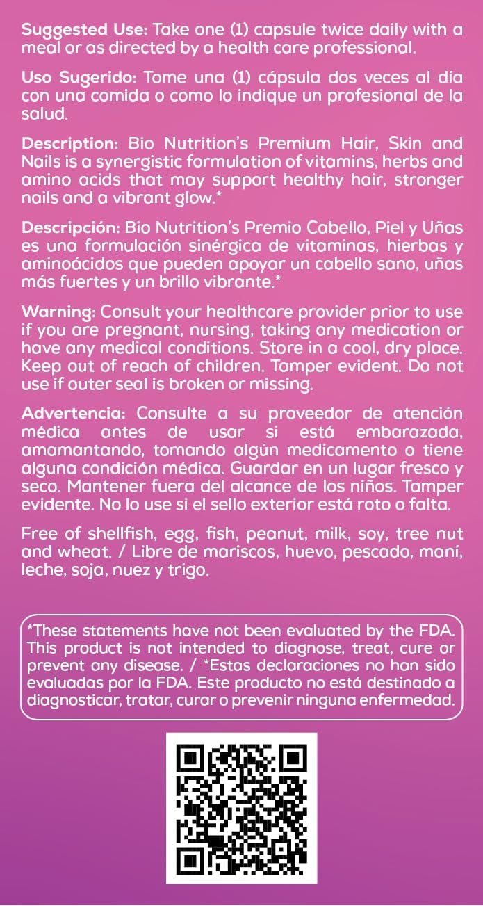 Bio Nutrition Premium Hair, Skin & Nails, 60 Cápsulas