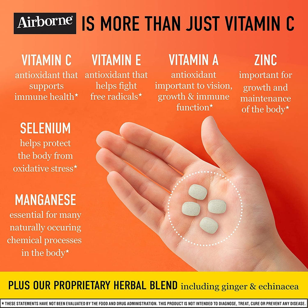 Airborne Vitamina C 1000 mg + Zinc – Comprimidos masticables sabor Frutos Rojos y Cítricos – 116 comprimidos