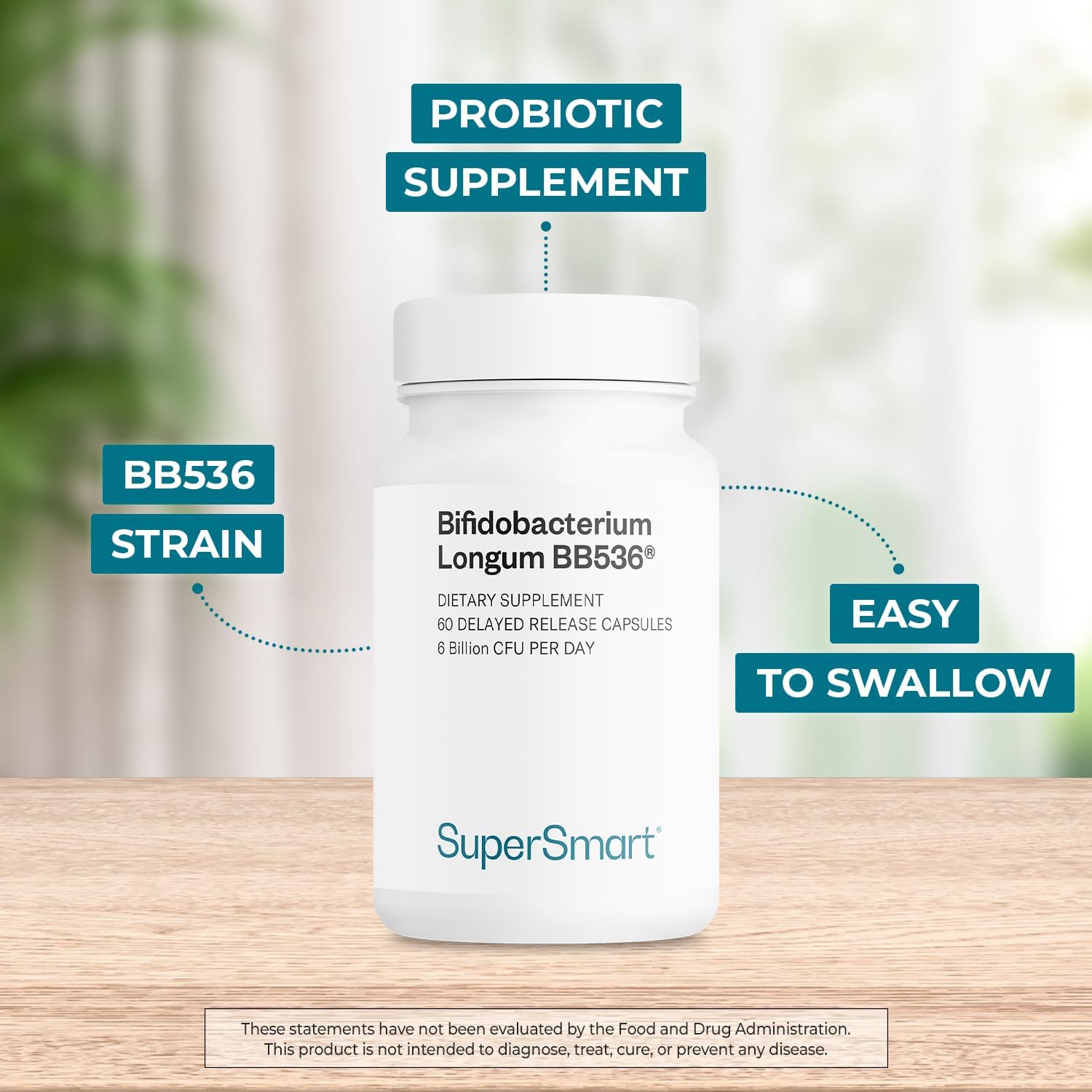 Supersmart Bifidobacterium Longum (BB536) 6 mil millones UFC - Probiótico y Prebiótico, 60 Cápsulas DR