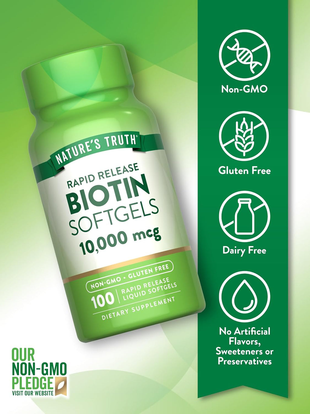 Nature's Truth Biotin 10.000 mcg | Softgels de Liberación Rápida | 100 Unidades | Sin Gluten y No GMO