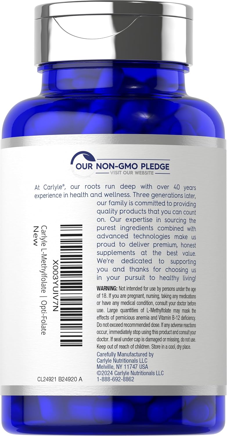Carlyle L-Metilfolato 400 mcg | 120 Cápsulas Vegetales | Folato Metilado Activo | No GMO y Sin Gluten