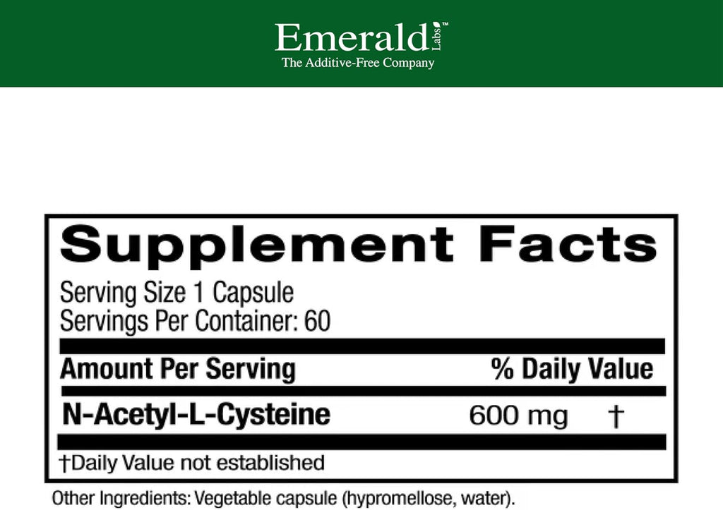 EMERALD LABS NAC 600mg - N-Acetil-L-Cisteína - Suplemento Vegano para Desintoxicación - 60 Cápsulas Vegetales (Suministro para 60 Días)