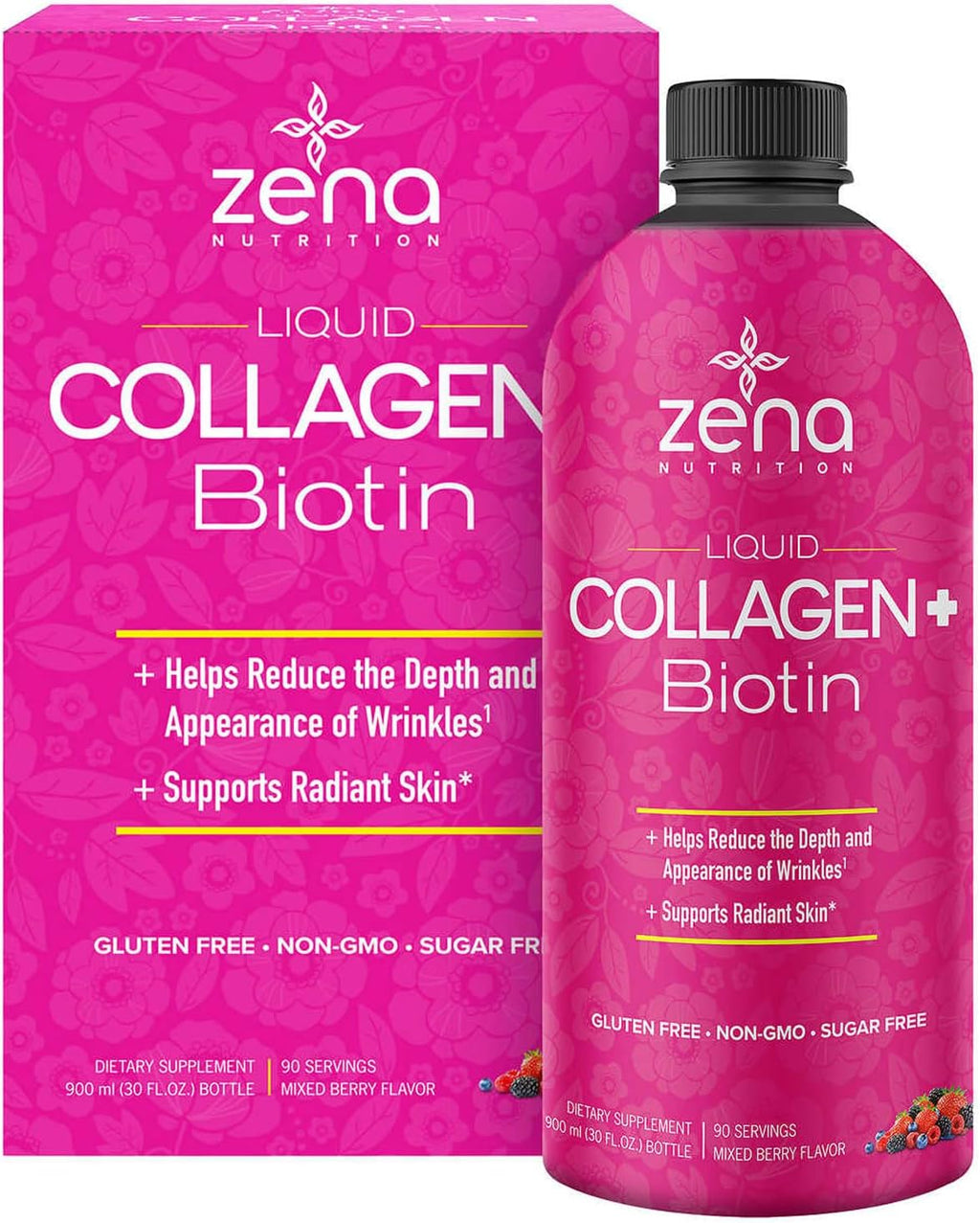 Zena Liquid Collagen + Biotin: 2500mg Colágeno, 5000mcg Biotina, Fórmula Verisol | Apoyo Cabello, Piel, Uñas y Articulaciones | No Transgénico, Sabor Bayas Mixtas | 90 Porciones