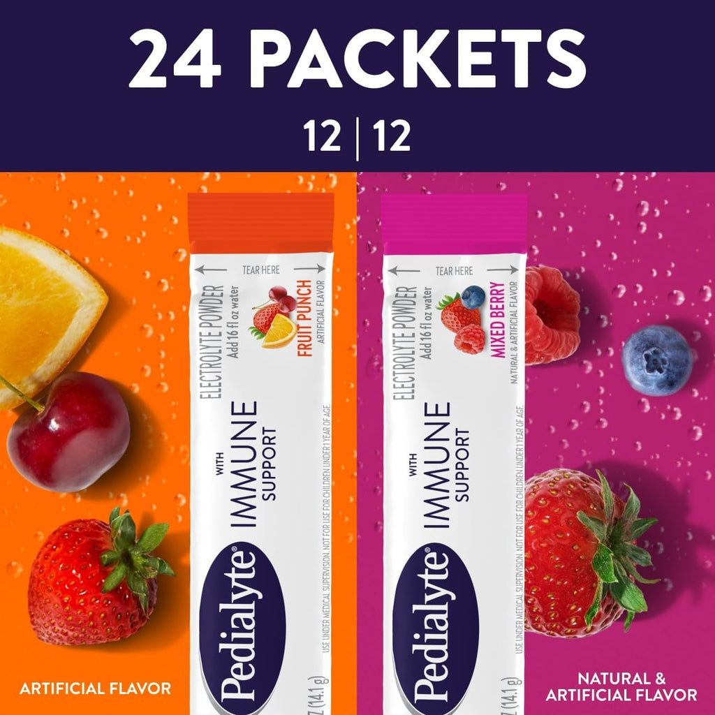 Pedialyte con Apoyo Inmunitario, Polvo para Bebida Electrolítica con Vitamina C y Zinc, Hidratación Avanzada, Paquete Variado: Fruta Punch y Baya Mixta, 24 Sobres de Polvo