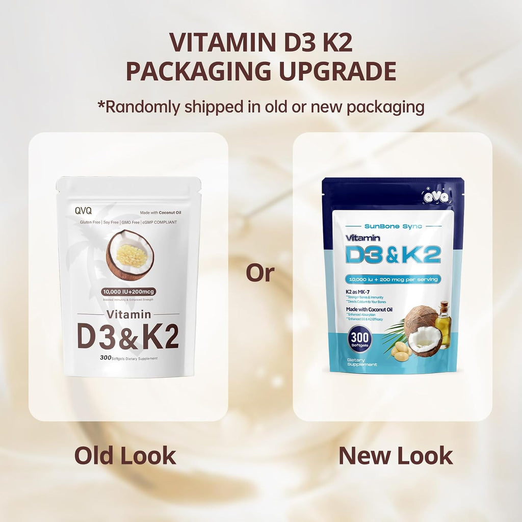 QVQ Vitamina D3 10000 UI + K2 (MK-7) 200 mcg, 300 Cápsulas blandas con aceite de coco virgen