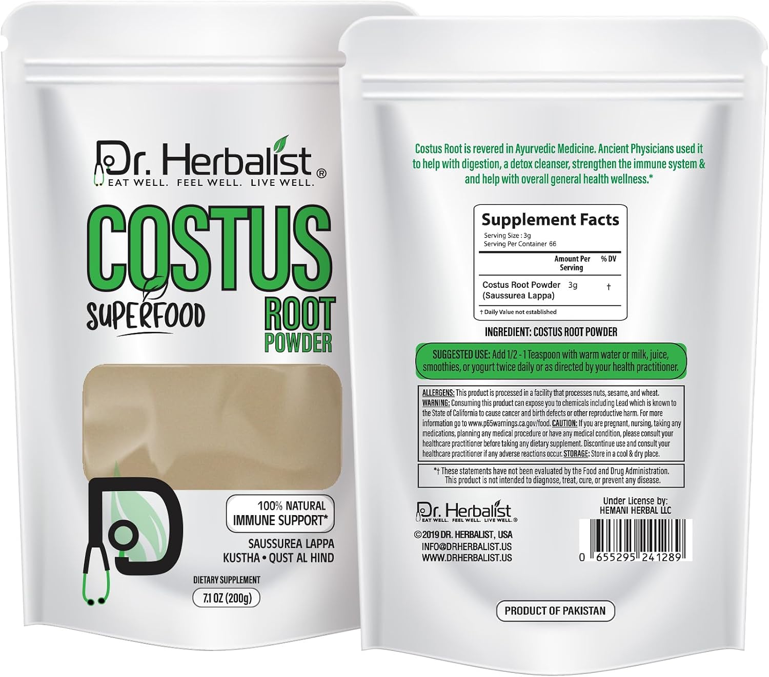 Dr. HERBALIST Polvo de Raíz de Costus 200g - Saussurea Costus Puro (Qust Al-Hindi) con Costunólido | Halal