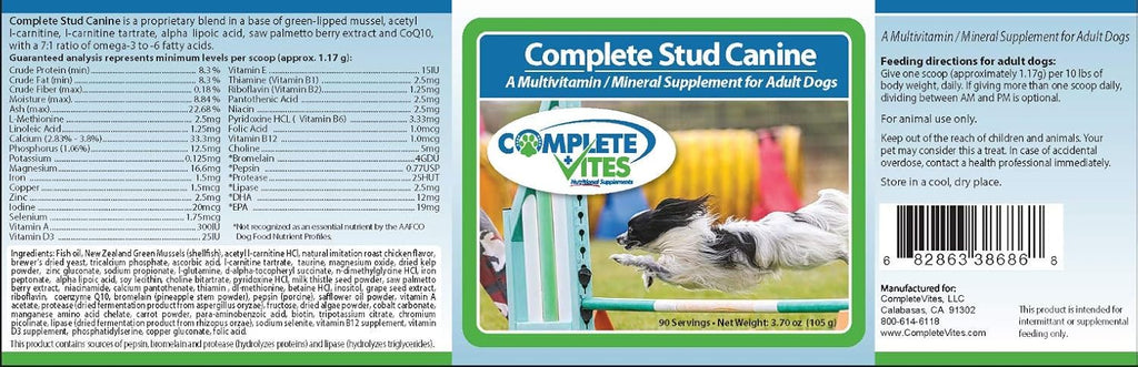 Complete Stud Canine – Suplemento vitamínico y mineral para perros reproductores (menos de 10 kg) – 48 nutrientes – 105 g
