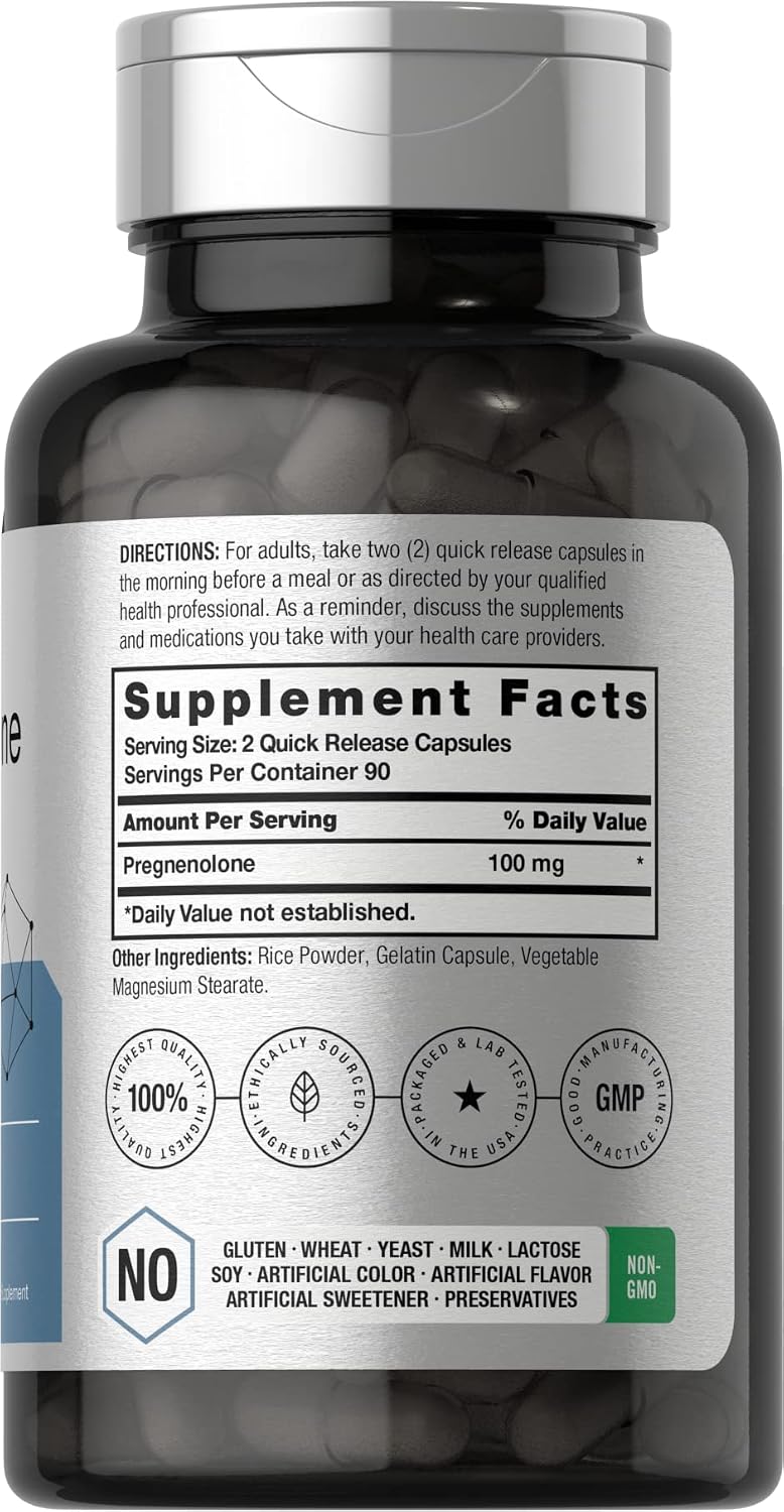 Horbäach Pregnenolona 100mg | 180 Cápsulas | No-GMO y Sin Gluten