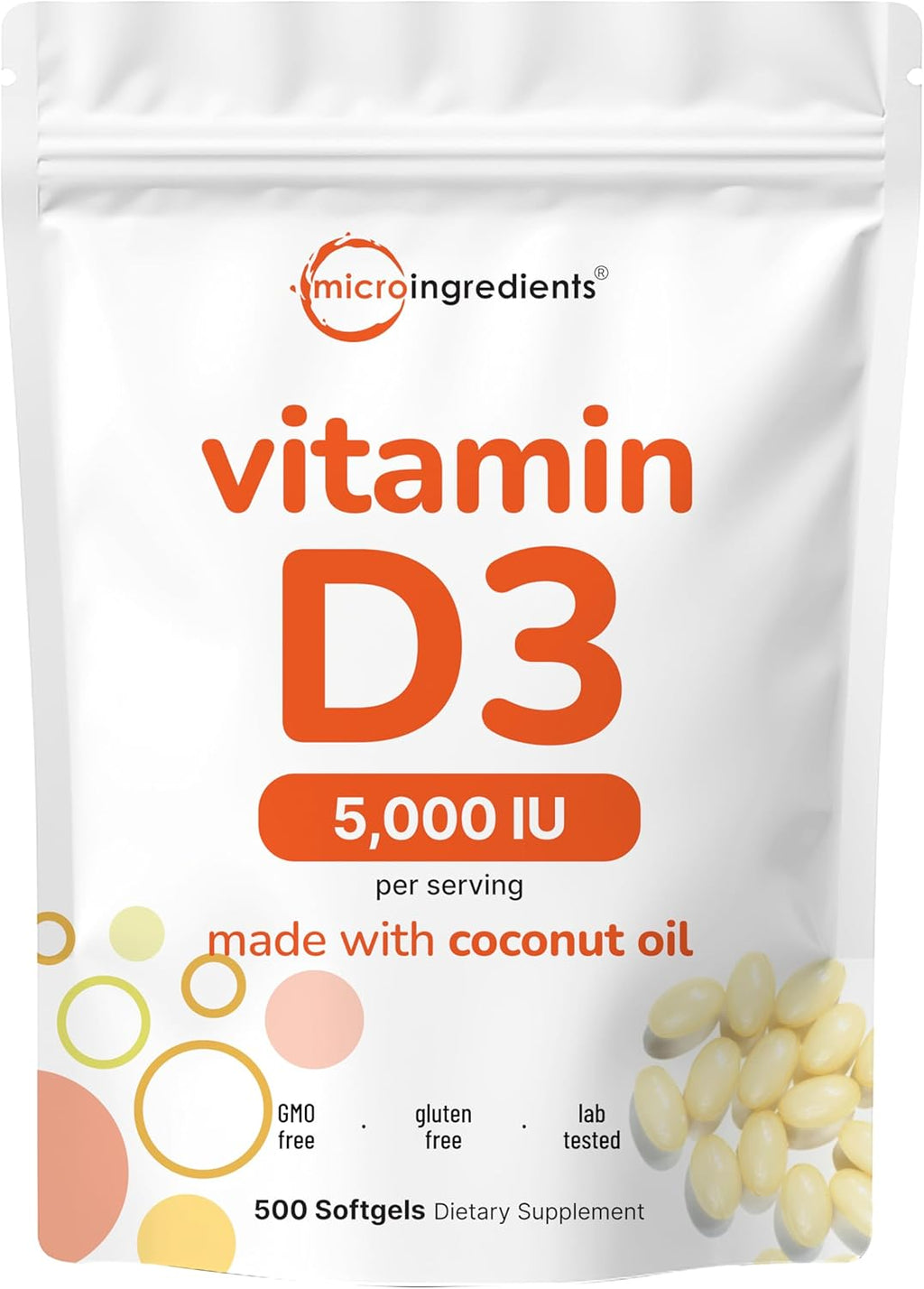 Micro Ingredients Vitamina D3 5.000 UI, 500 Cápsulas Blandas con Aceite de Coco Virgen | No Transgénico