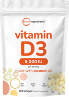 Micro Ingredients Vitamina D3 5.000 UI, 500 Cápsulas Blandas con Aceite de Coco Virgen | No Transgénico
