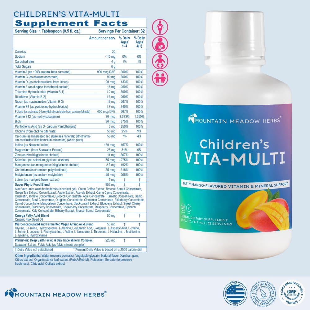 Mountain Meadow Herbs Children's Vita-Multi - Suplemento multivitamínico y mineral líquido para niños con luteína (473 ml)