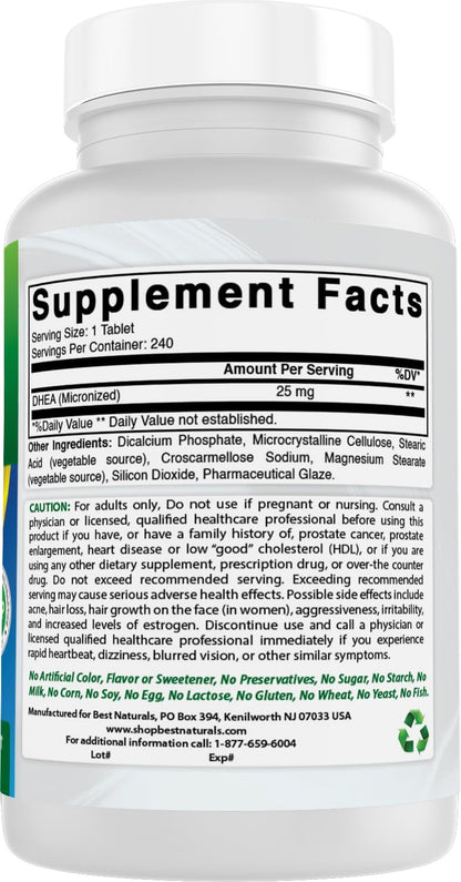 Best Naturals DHEA 25 mg - 240 Comprimidos – Sin colorantes, sabores ni edulcorantes artificiales – Image 6