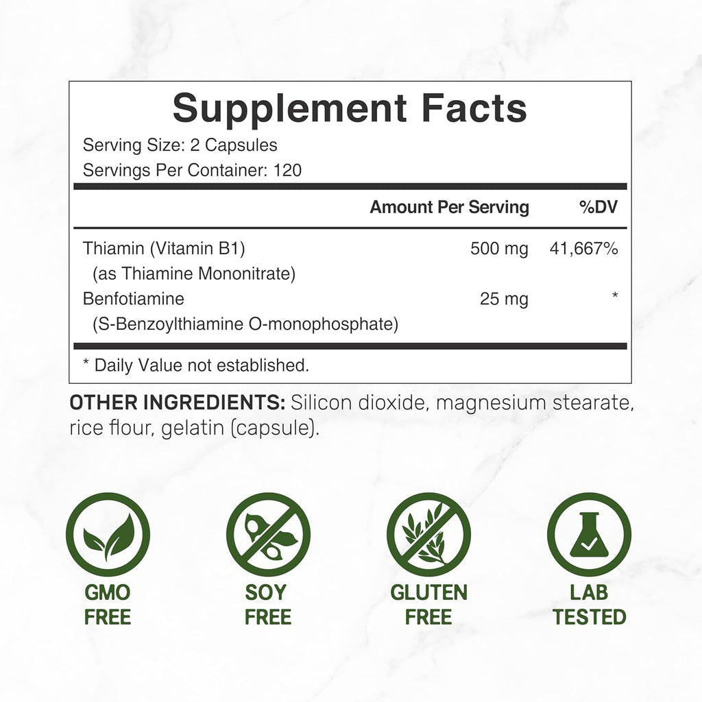 DEAL SUPPLEMENT Vitamina B1 500mg con Benfotiamina, 240 Cápsulas – Fórmula Mejorada 2 en 1