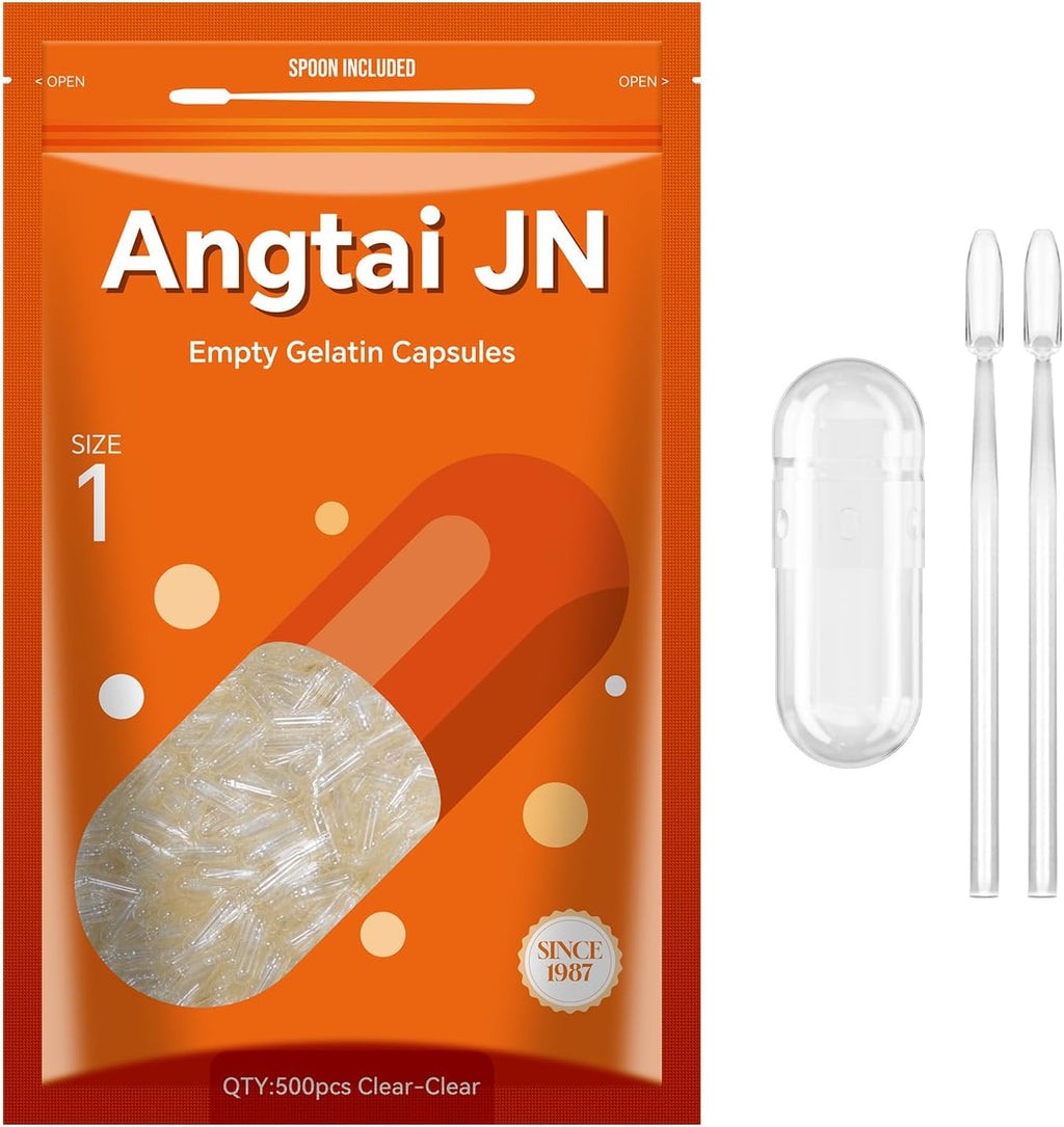 Cápsulas Vacías de Gelatina Tamaño 1 (500 uds) - Bovino Puro, Sin Gluten, Halal - Kit de Llenado con 2 Cucharas
