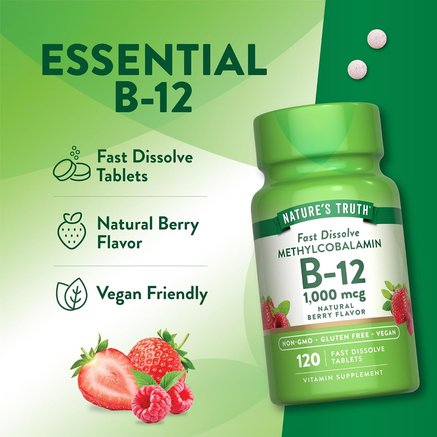 Vitamina B12 Sublingual 1000 mcg - 120 Comprimidos - Metilcobalamina - Vegano y Sin Gluten