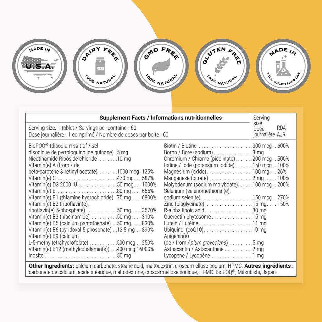 Supersmart - Daily 1® Timed Release - Multivitamínico para Hombres y Mujeres con BioPQQ, Vitaminas A, B, C, D, E, Biotina, Quercetina y Fisetina - 60 Comprimidos
