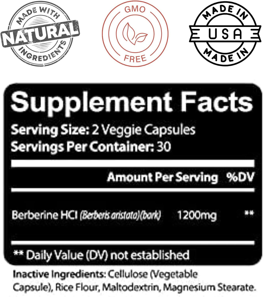 Kaya Naturals Berberina HCL Extract 1200mg - Sistema Inmunológico, Niveles de Glucosa, Salud Intestinal (60 Cápsulas)