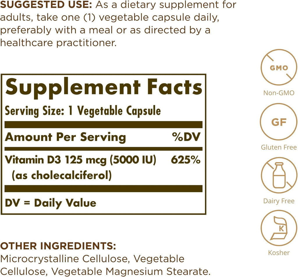Solgar Vitamina D3 (Colecalciferol) 125 mcg (5000 UI), 240 Cápsulas Vegetales - Paquete de 2