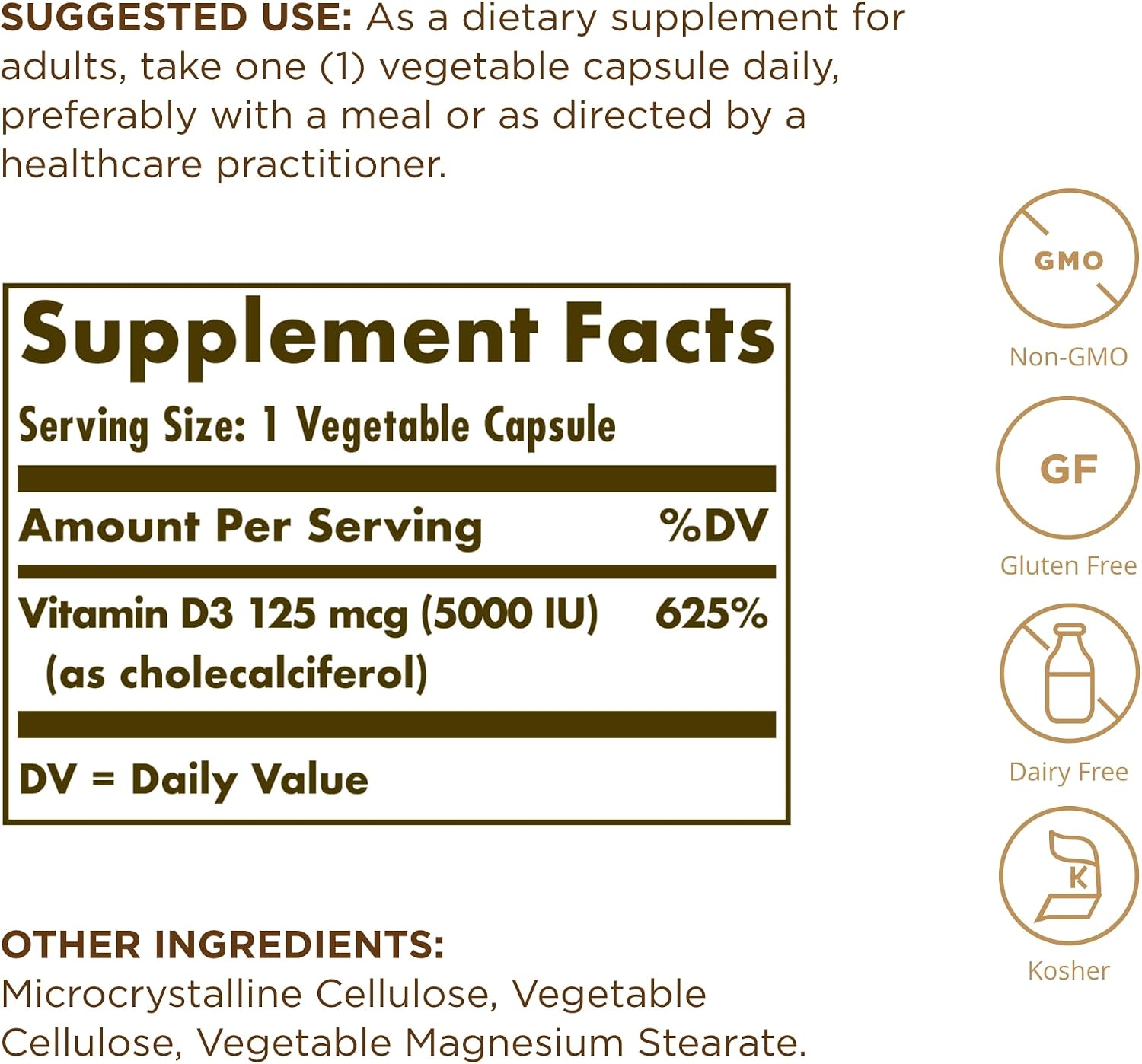 Solgar Vitamina D3 (Colecalciferol) 125 mcg (5000 UI), 240 Cápsulas Vegetales - Paquete de 2