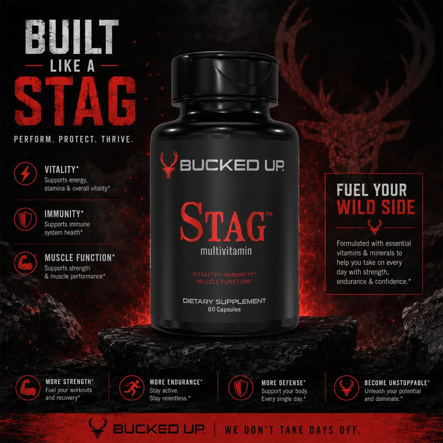 Bucked Up Stag Multivitamin para Hombres - Fórmula Completa de Vitaminas - Vitalidad, Inmunidad y Función Muscular (60 Cápsulas)