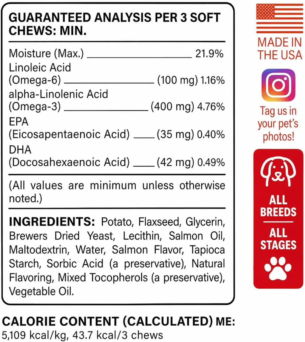 BARK&SPARK Omega 3 para Perros y Gatos - 180 Golosinas de Aceite de Salmón
