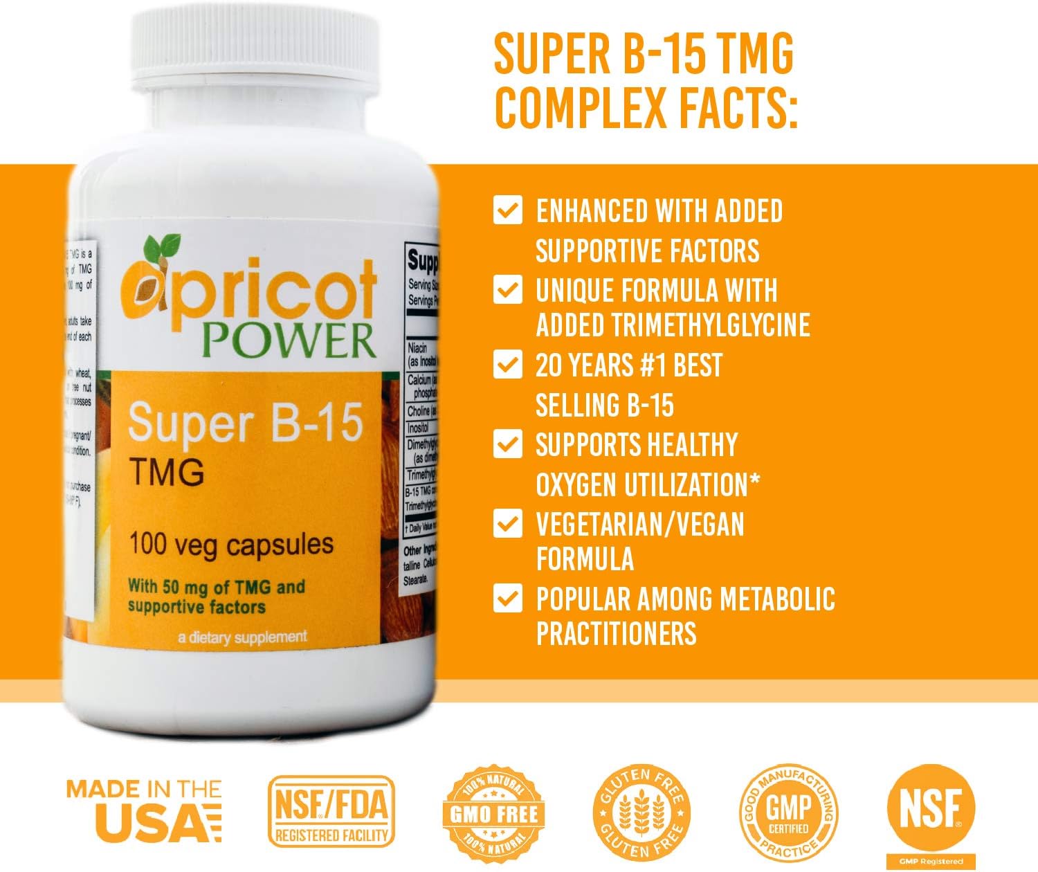 Apricot Power Super B-15 Ácido Pangámico No Tóxico - Apoya los Niveles de Oxígeno y Energía - 100 Cápsulas Veganas