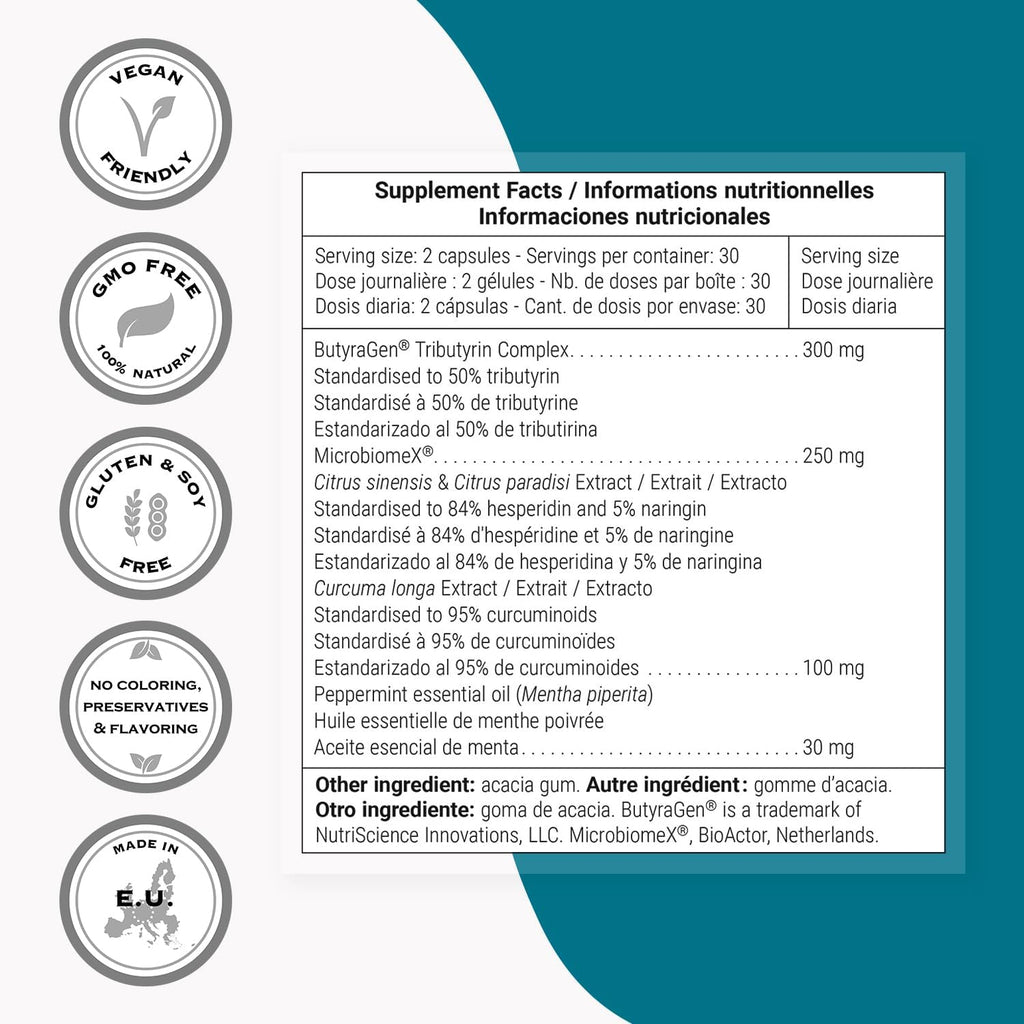Supersmart Butyrate Colon Formula (Fórmula Avanzada) - con Cúrcuma, MicrobiomeX y Aceite de Menta - Vegano y Sin Gluten - 60 Cápsulas Gastrorresistentes