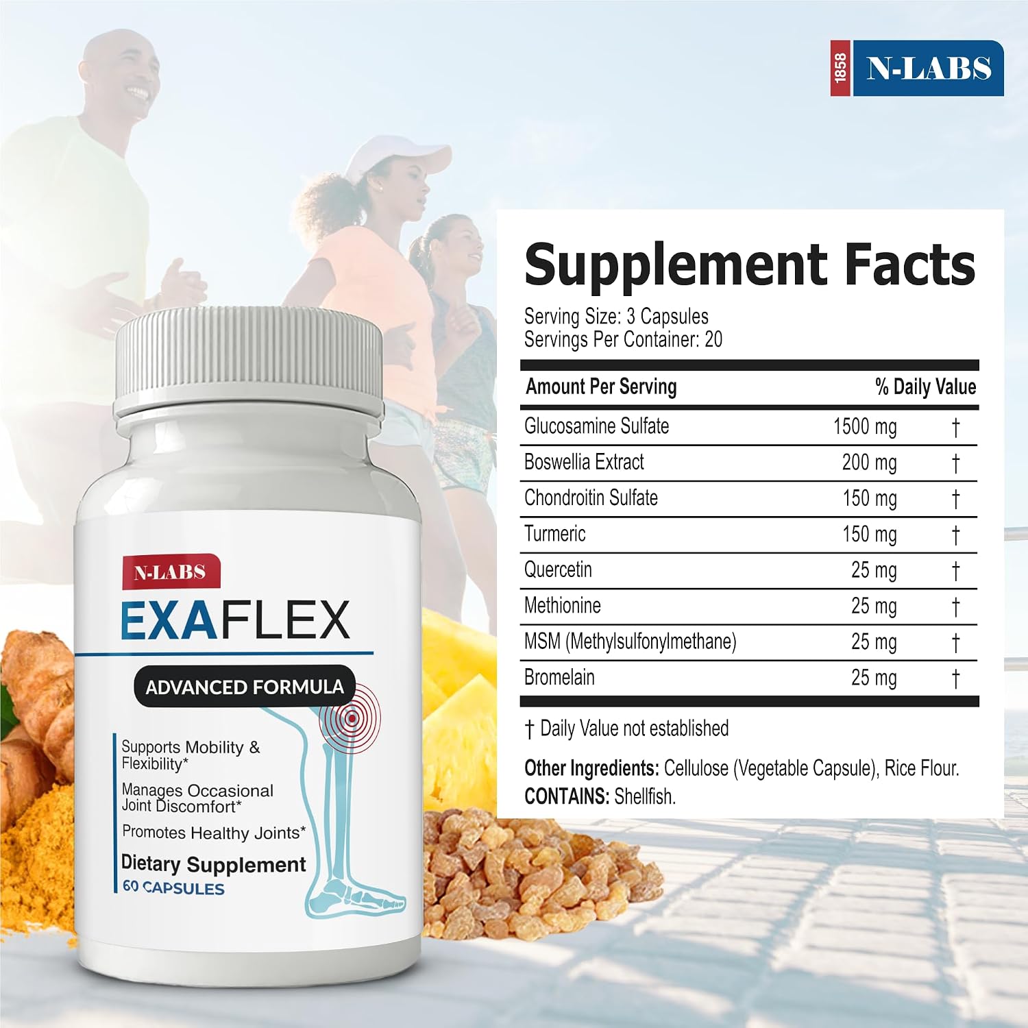 ExaFlex Glucosamina, Condroitina, MSM y Bromelina - 60 Cápsulas