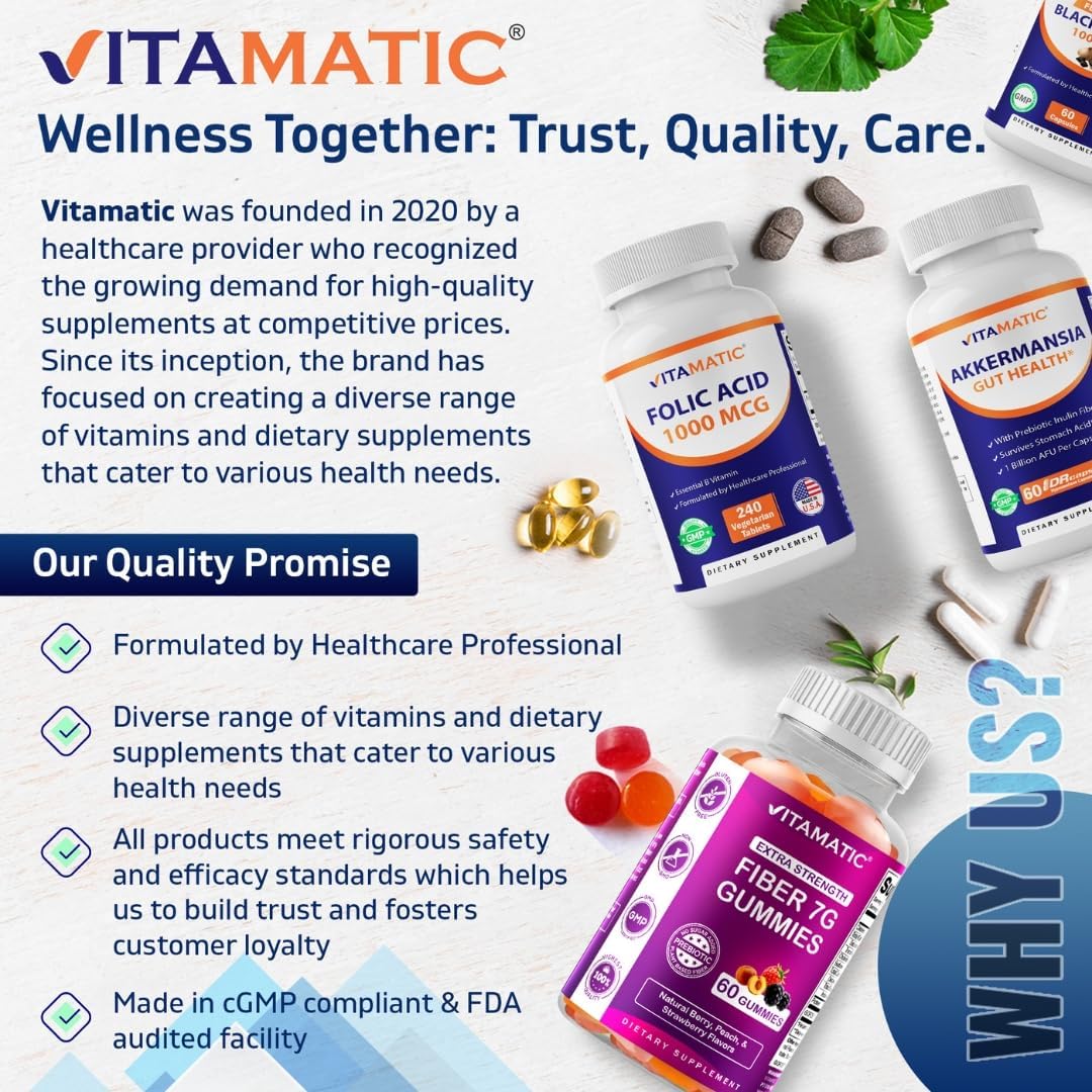 Vitamatic Ácido Fólico 1000 mcg (1 mg) – 480 Tabletas Vegetarianas (2 Paquetes) | Vitamina B9 | 1667 mcg DFE Folato