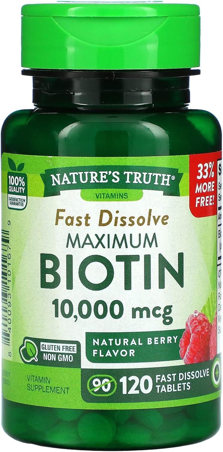Nature's Truth Biotina Máxima 10.000 μg Comprimidos de Disolución Rápida Sabor Berry - 120 unidades, Paquete de 2