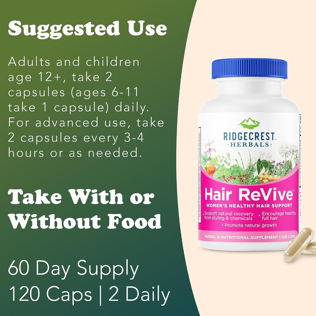 RidgeCrest Herbals Hair ReVive - Complemento Capilar con Biotina, Zinc y Cobre (120 Cápsulas, 30 Dosis)
