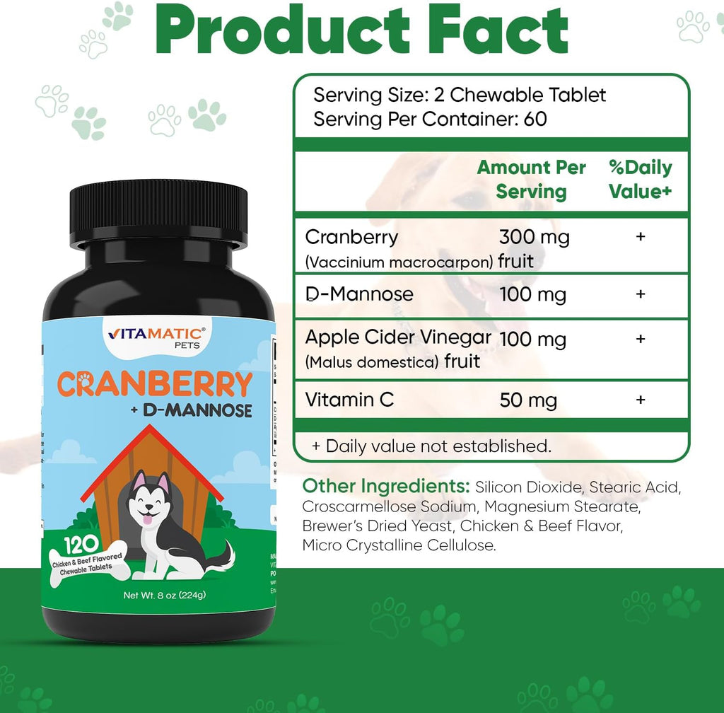 Vitamatic Cranberry para Perros – 120 Comprimidos Masticables – con D-Manosa, Vinagre de Manzana y Vitamina C – Apoyo para el Tracto Urinario y la Vejiga