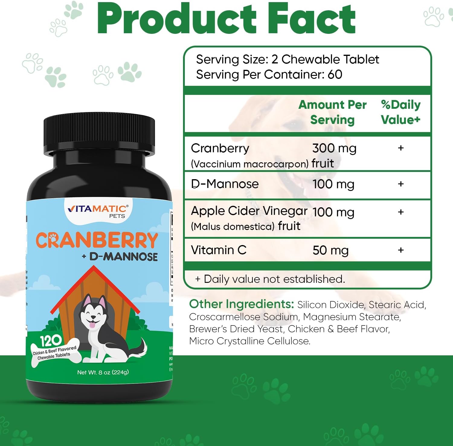 Vitamatic Cranberry para Perros – 120 Comprimidos Masticables – con D-Manosa, Vinagre de Manzana y Vitamina C – Apoyo para el Tracto Urinario y la Vejiga