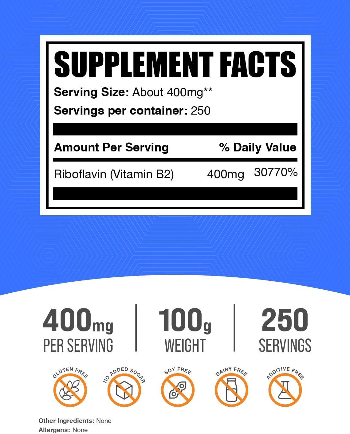 BulkSupplements.com Riboflavin Powder - Vitamin B2, 400mg per Serving, 100g