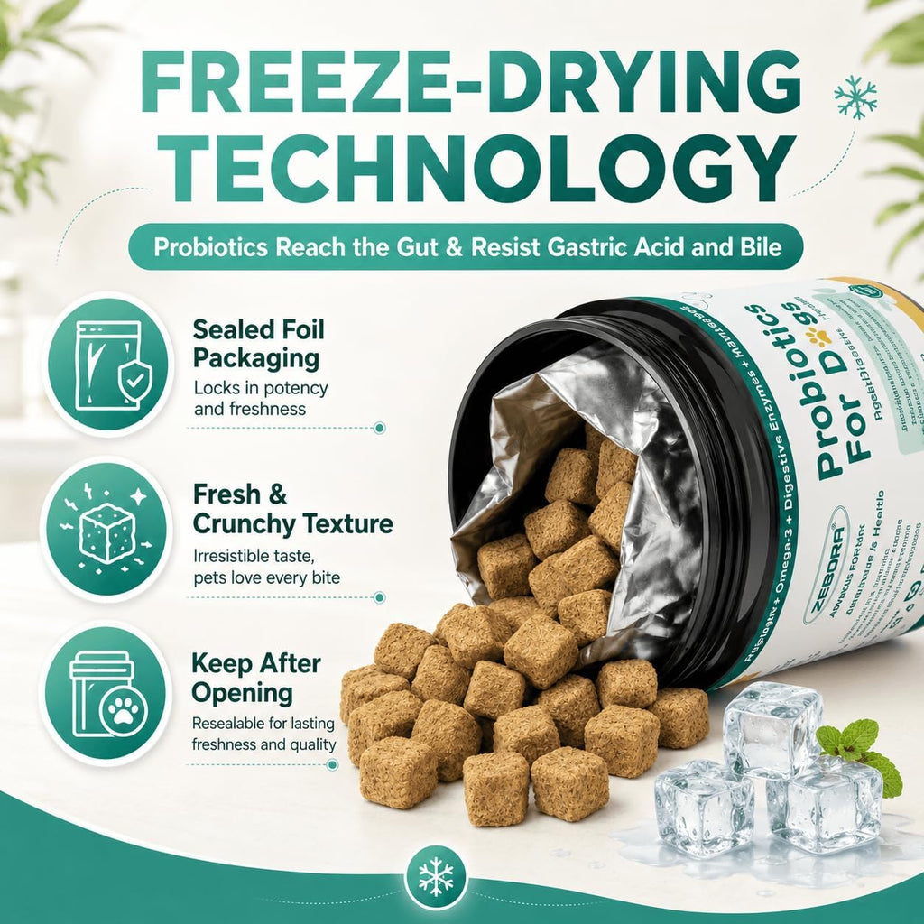ZEBORA Probióticos para Perros y Gatos - 6 Mil Millones UFC con Enzimas Digestivas y Prebióticos - 120 Masticables