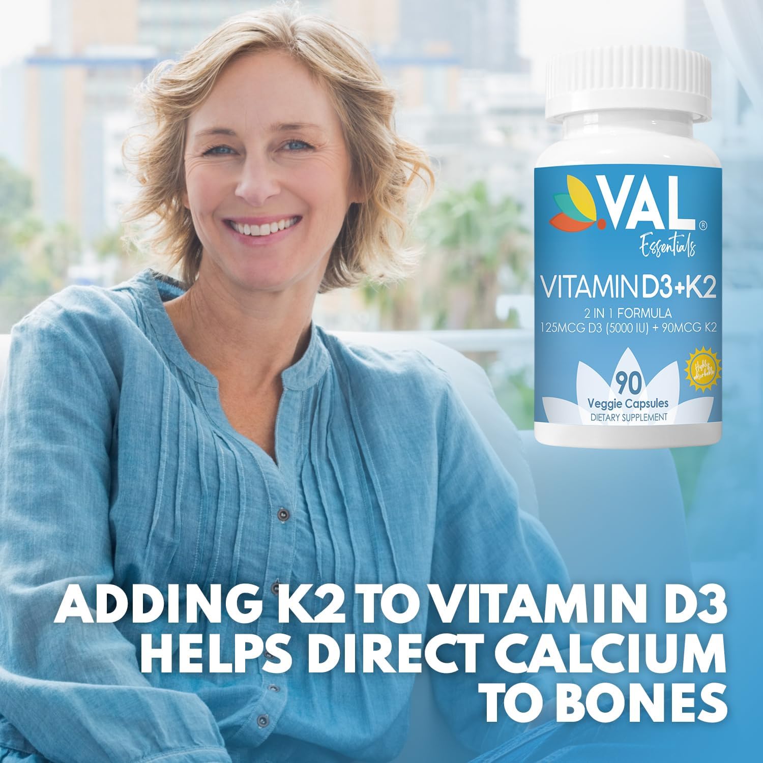 VAL Vitamina D3 + K2 (MK-7) 5000 UI & 90 mcg - 90 Cápsulas Veganas
