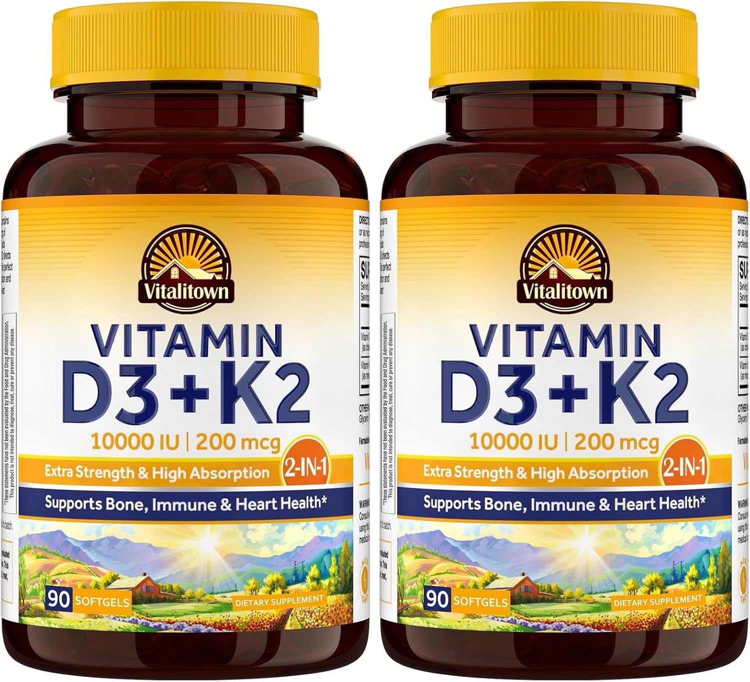 Vitalitown Vitamina D3 K2, 10000 UI D3 + 200 mcg K2 (MK-7), 300 Cápsulas Blandas