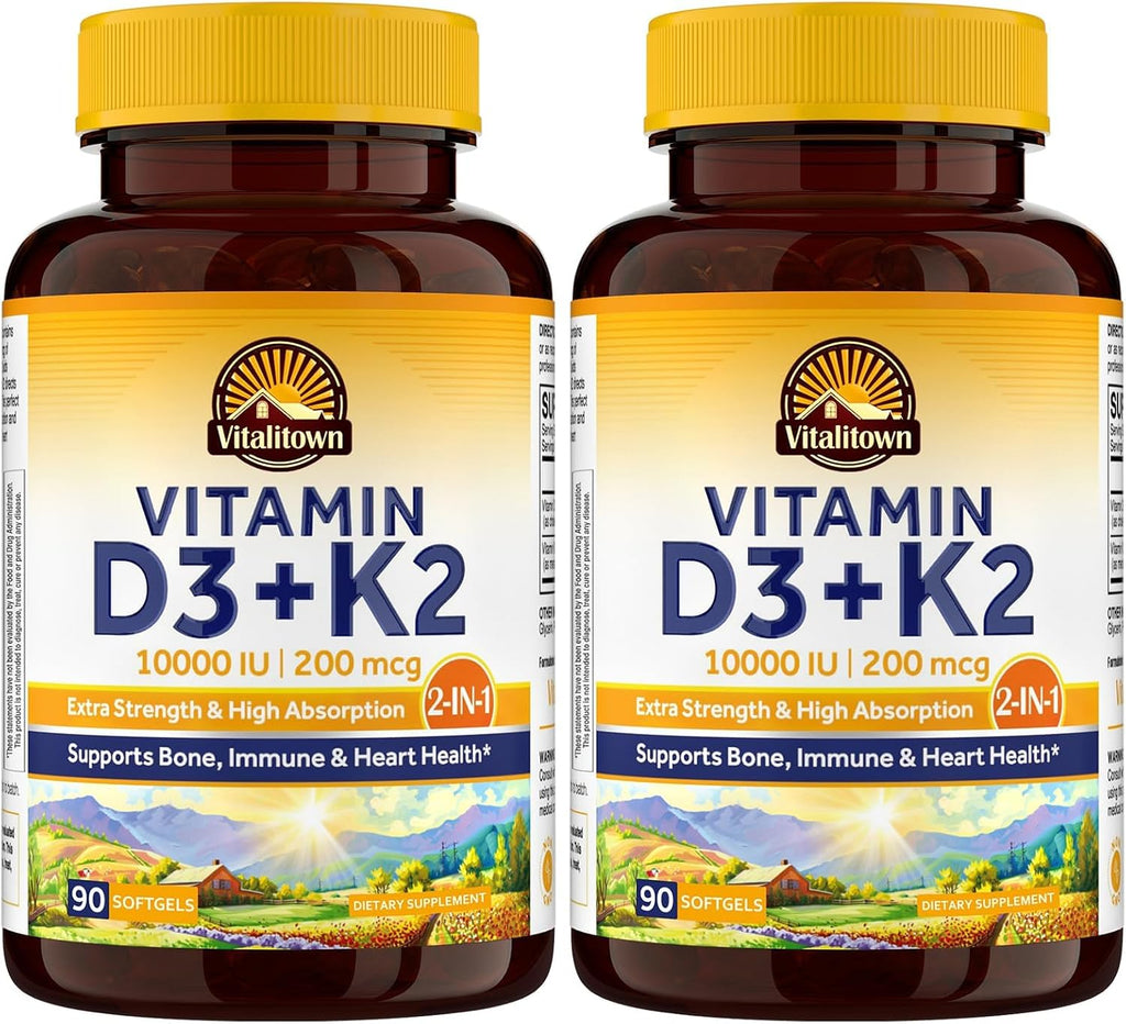 Vitalitown Suplemento de Vitamina D3 K2, 10000 UI de Vitamina D3 y 200 mcg de Vitamina K2 (MK-7), 90 Cápsulas Blandas (Pack de 2), No-GMO, Sin Gluten y Soja, para la Salud de Huesos, Dientes, Inmunidad y Corazón