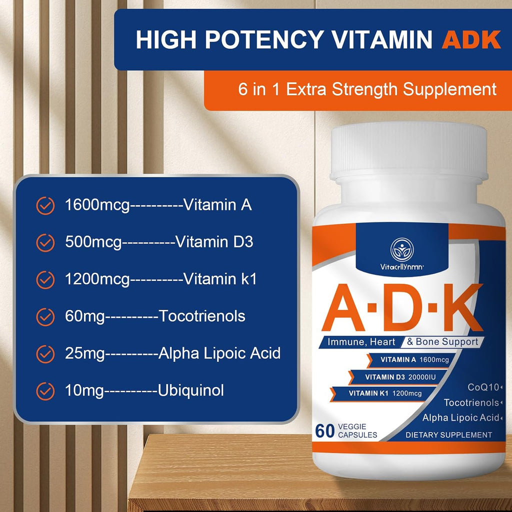 Suplemento ADK de Vitaminas A, D3 y K - Alta Potencia 20000 UI - 120 Cápsulas