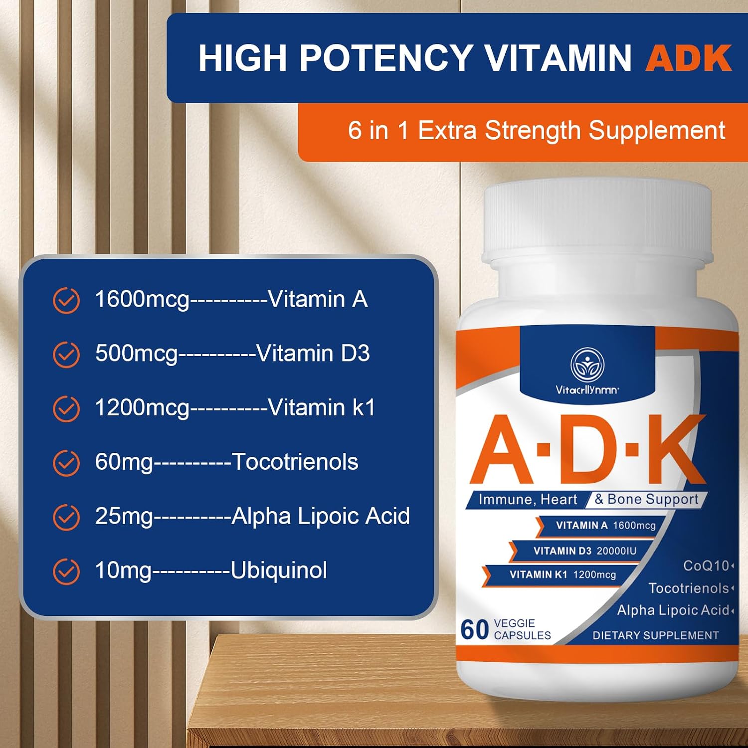ADK Suplemento de Vitaminas A, D3 y K2 - Alta Potencia 20000 UI - 180 Cápsulas