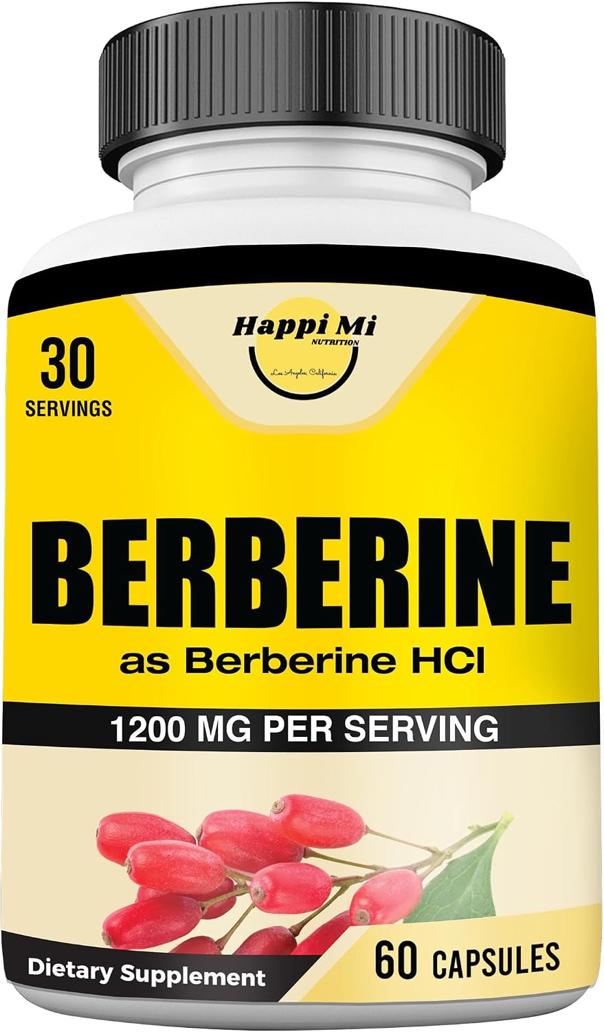 Happi Mi Nutrition Berberina 1200 mg por dosis como Berberine HCL, 60 Cápsulas Vegetales