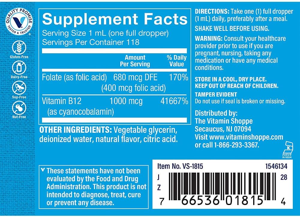 The Vitamin Shoppe Vitamina B12 Líquida – Apoyo Energético, Nervioso y para Glóbulos Rojos