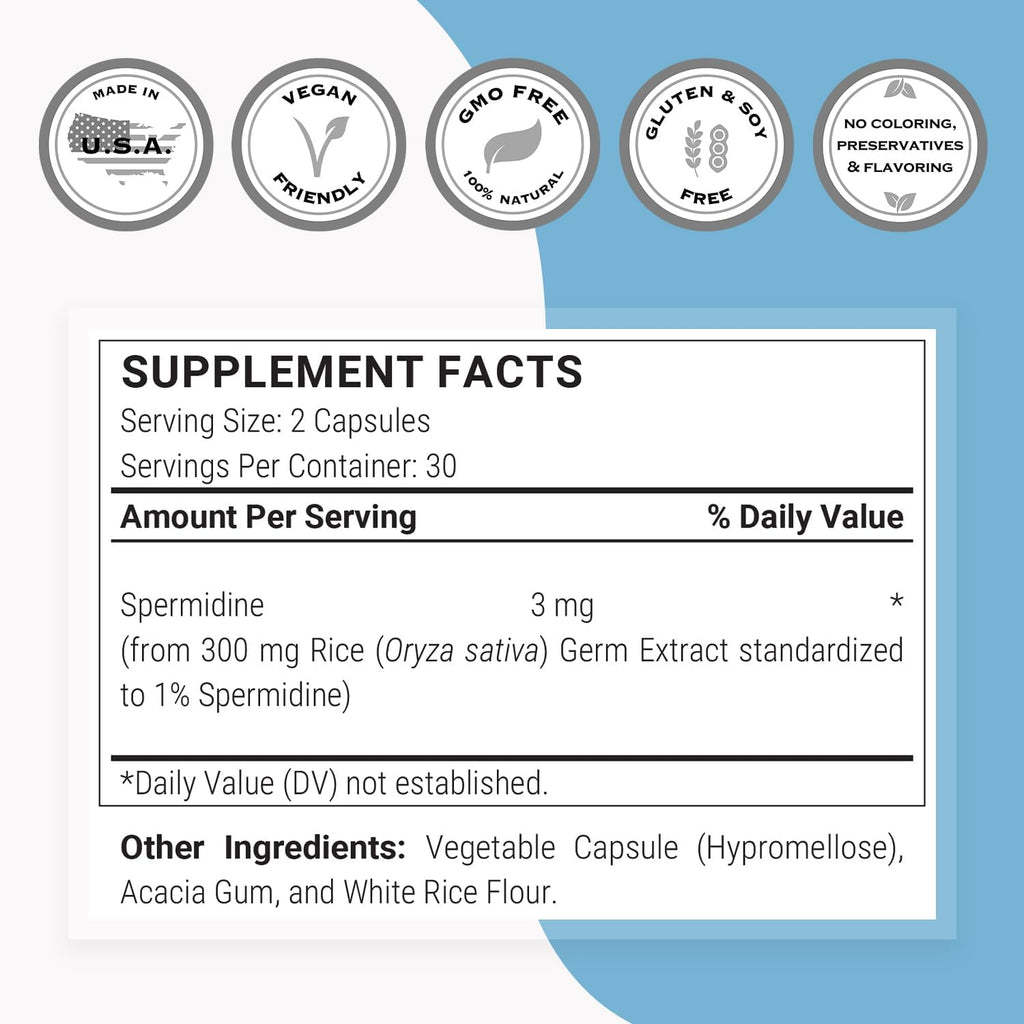 Supersmart Spermidine 3mg por Día - Complemento Alimenticio con Extracto de Arroz - 60 Cápsulas