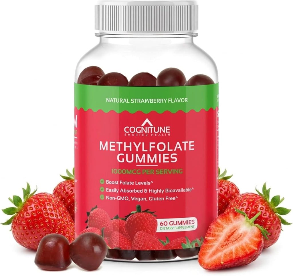 CogniTune Methylfolate Gummies para Niños y Adultos - L-Metilfolato 1000 mcg - Complemento de Folato Activo 5-MTHF - Apoyo MTHFR - Gomitas de Fresa - Sin OGM, Vegano - 60 Unidades